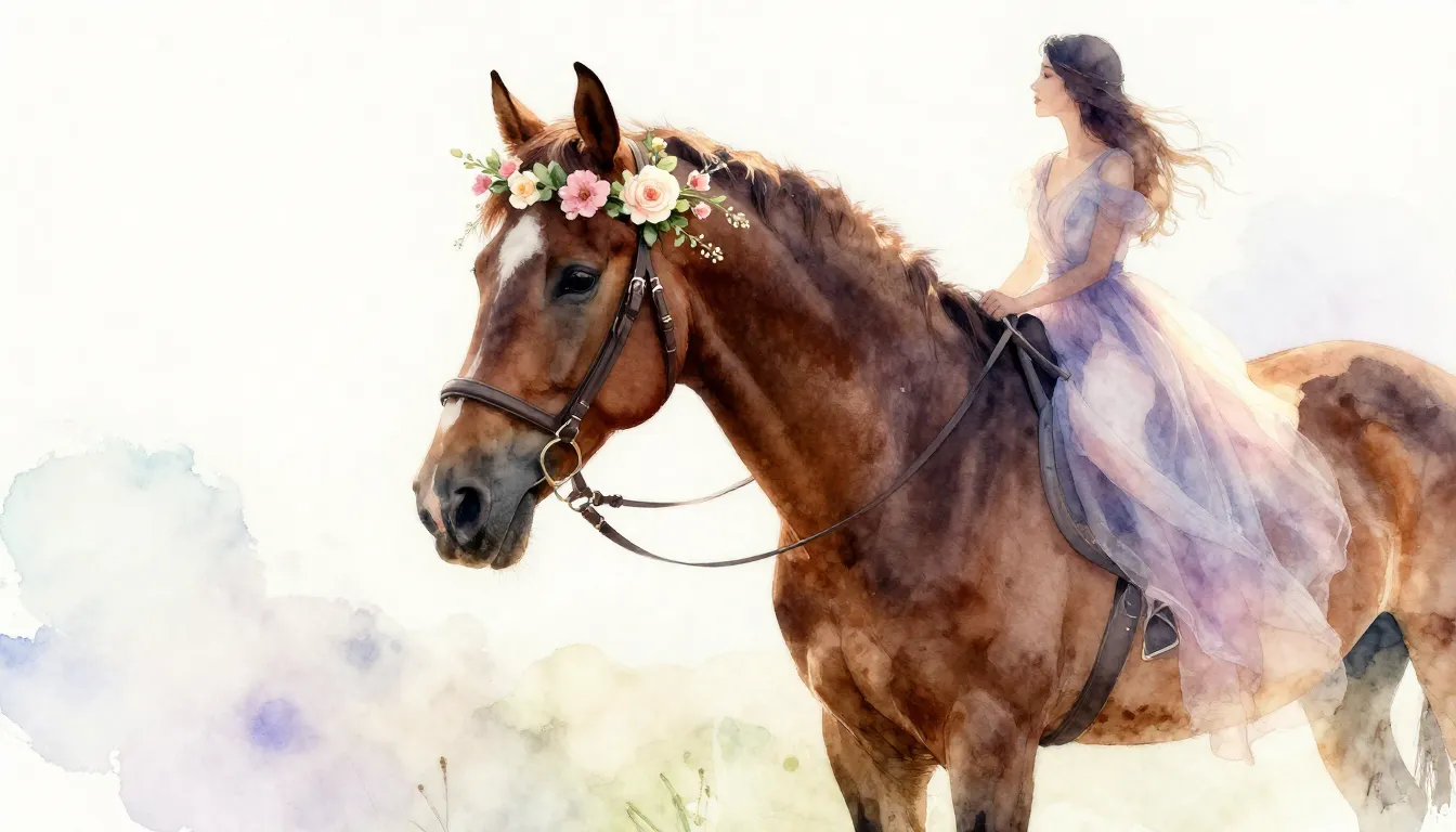 Watercolor style. Elegant horse with a spring flower wreath,...