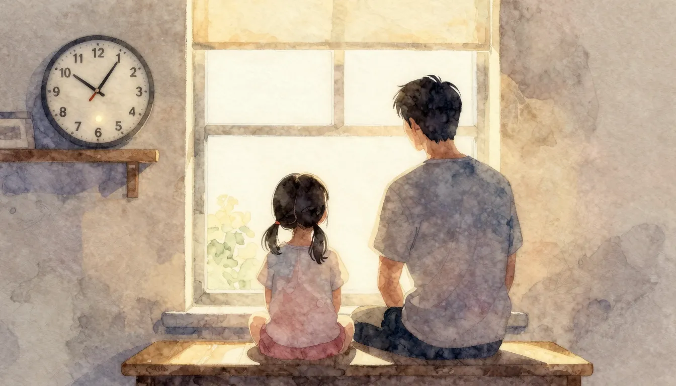 Watercolor style. Silhouette of a parent and a young girl si...