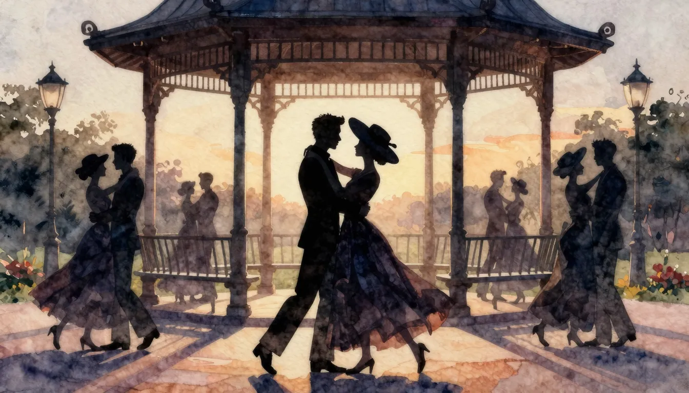 Watercolor style. A silhouette of an elegant couple dancing ...