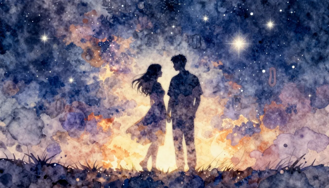 Watercolor style. A romantic silhouette of a couple under a ...