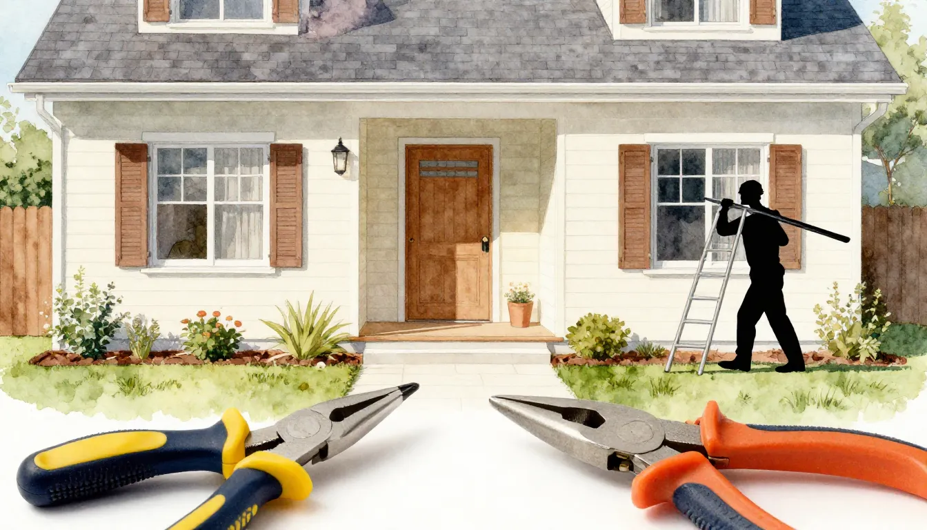 Watercolor style. A cozy house exterior with a clean yard an...