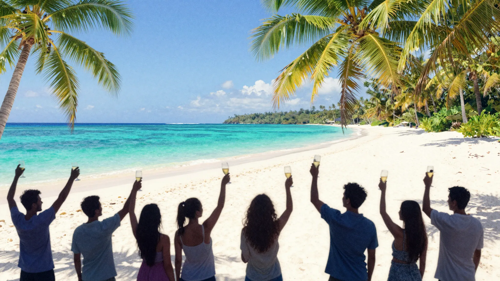 Watercolor style. A sunny tropical beach with turquoise wate...