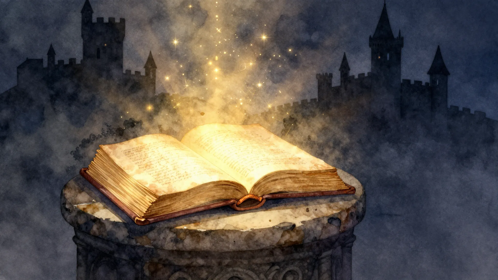 Watercolor style. A glowing ancient book on a pedestal, emit...