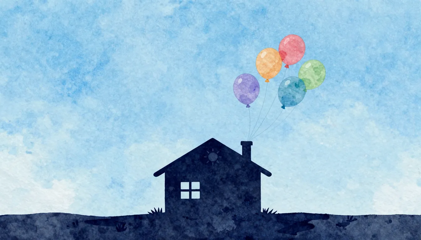 Watercolor style. A silhouette of a small cozy building with...