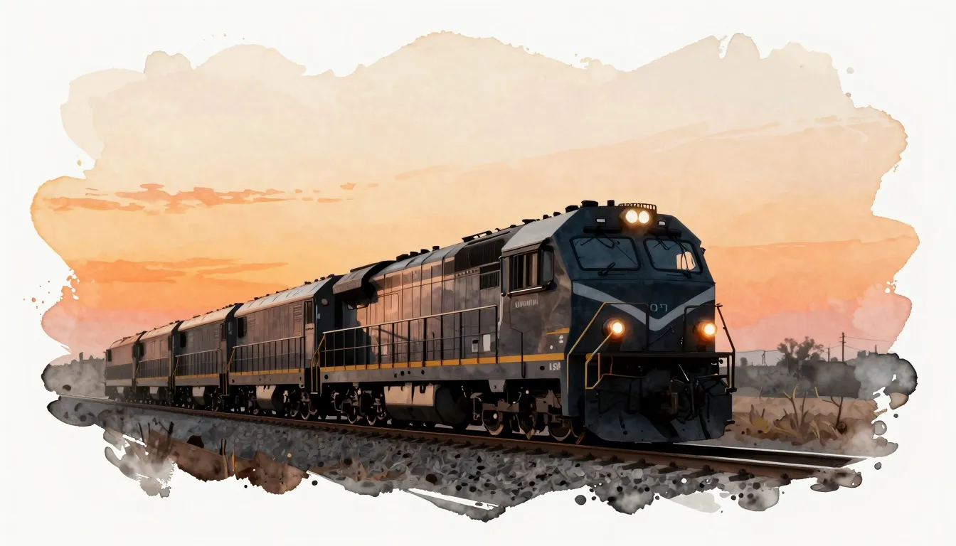 Watercolor style. Silhouette of a modern locomotive on a rai...