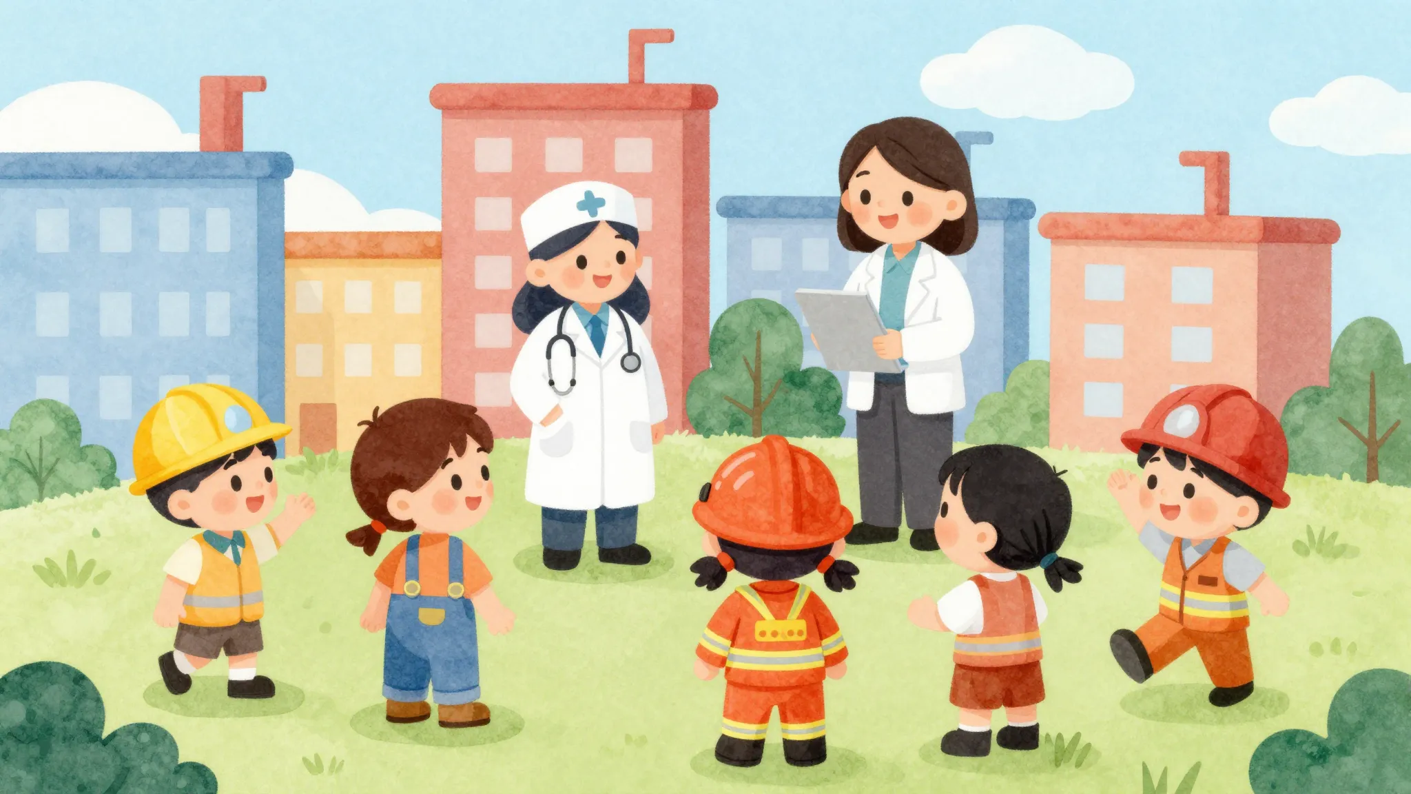 Watercolor style. Children trying out different professions ...
