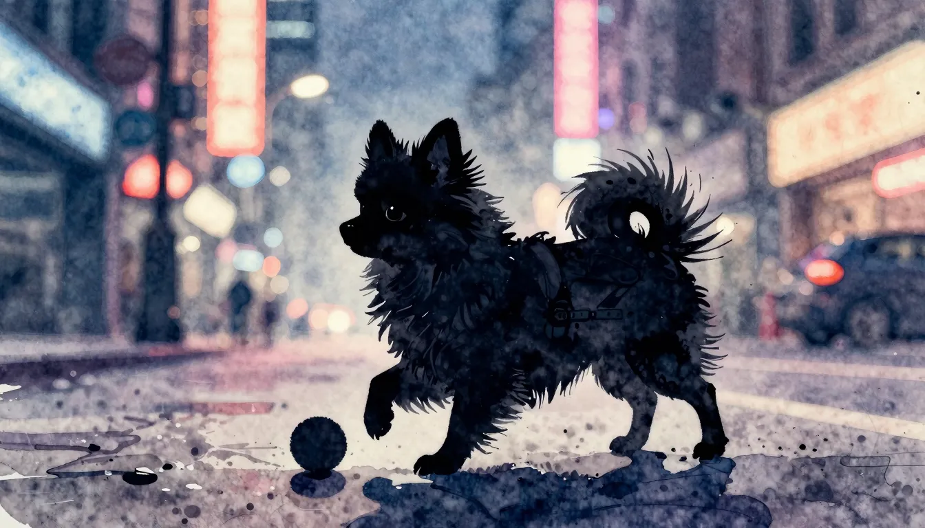 Watercolor style. Silhouette of a tiny fluffy spitz dog play...