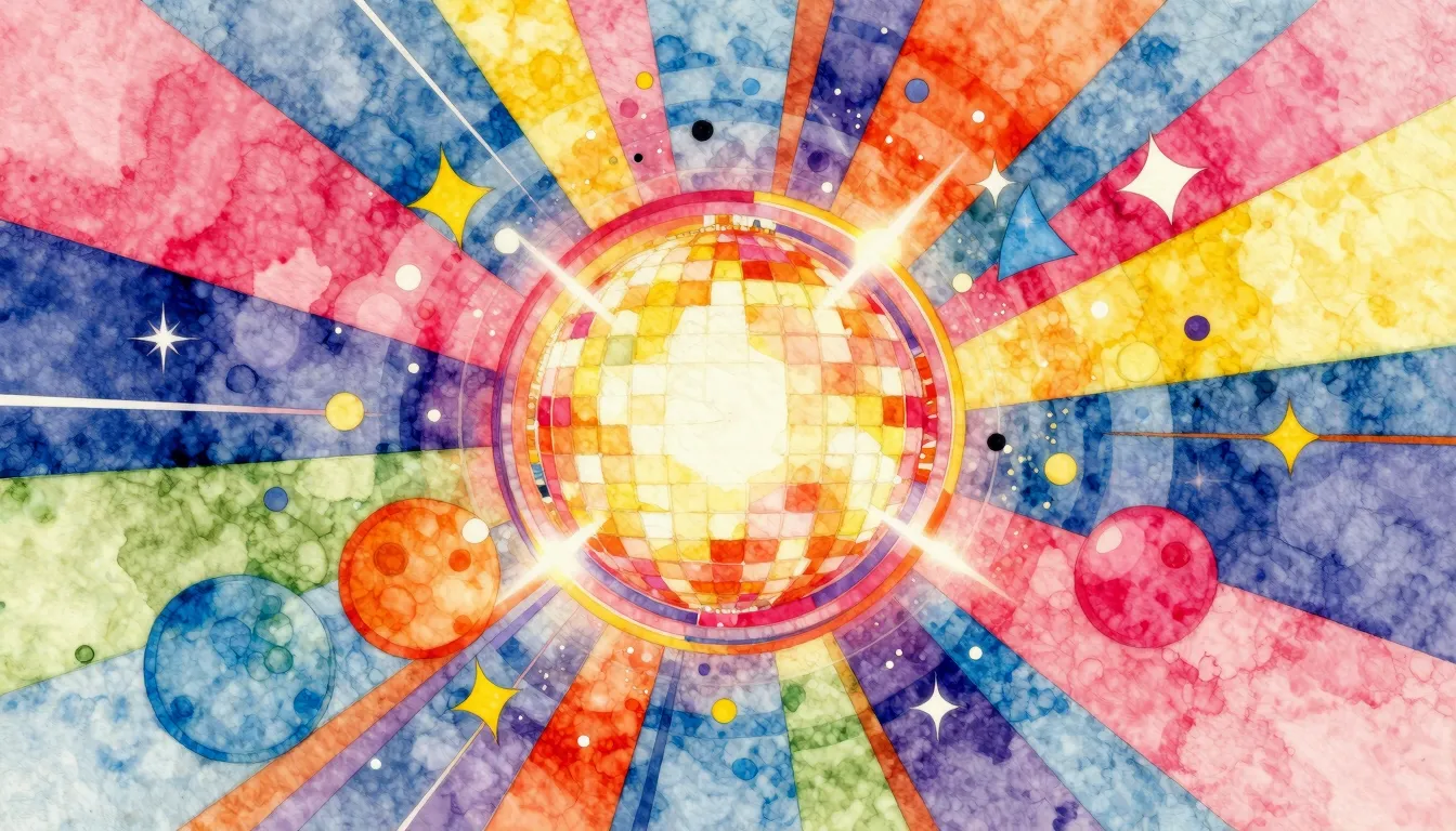 Vibrant watercolor style. Vibrant disco-funk album cover, dy...