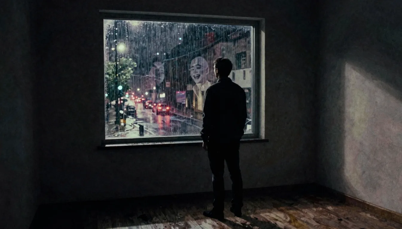 Watercolor style. A lonely silhouette of a man stands in a d...
