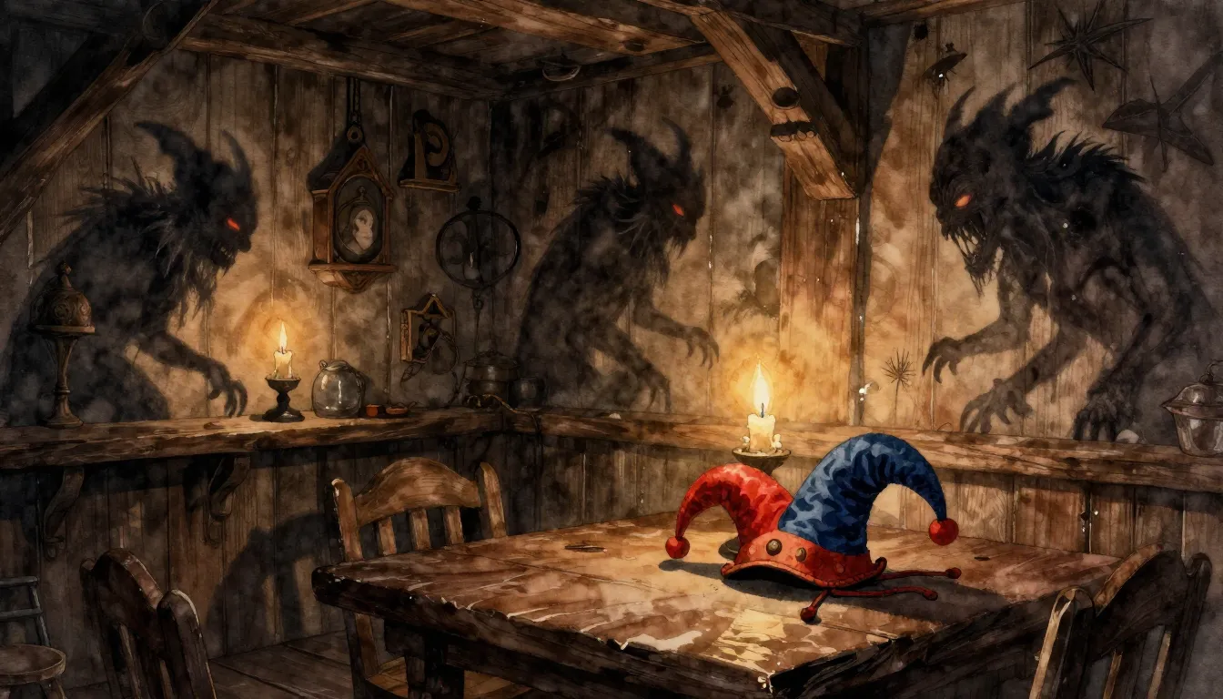 Watercolor style. Dark medieval tavern interior, shadows of ...