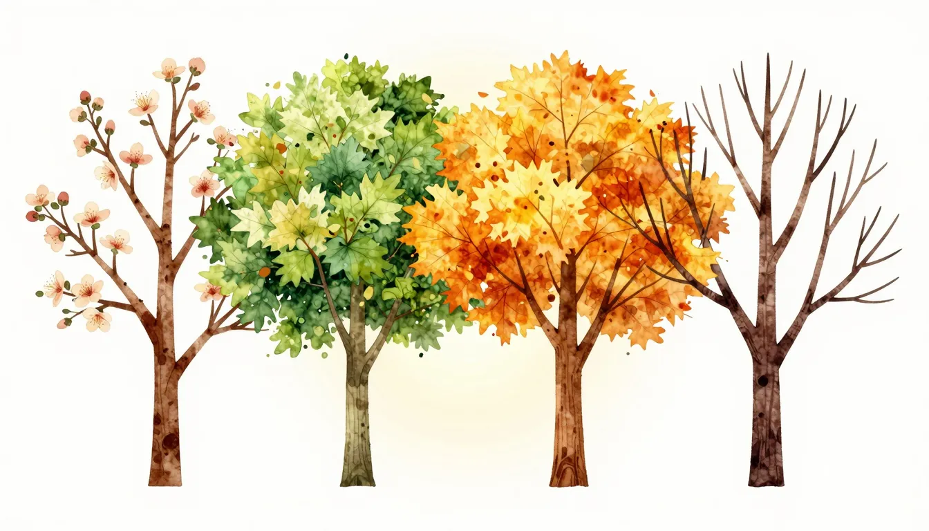 Watercolor style. A stylized tree with four distinct seasons...