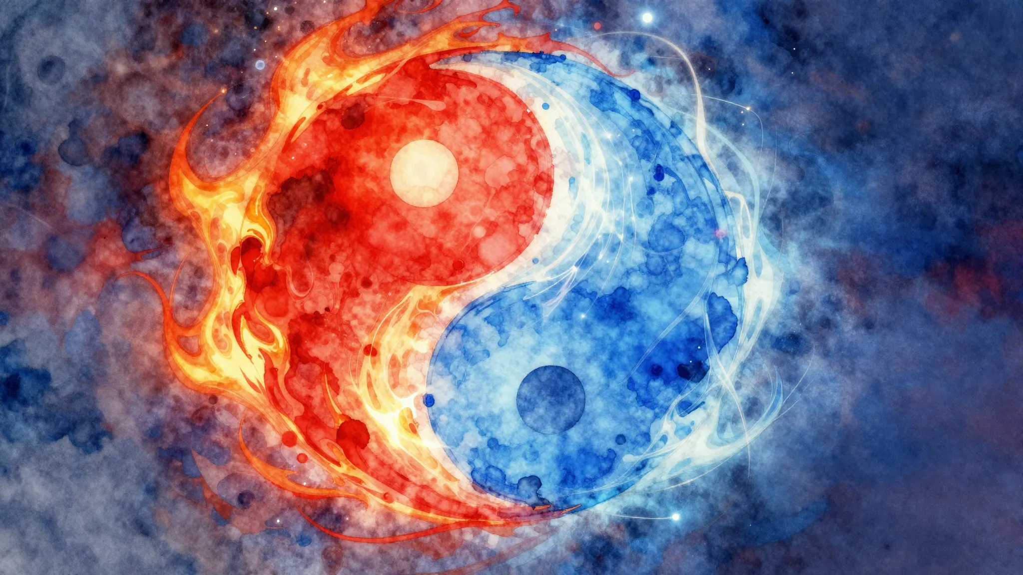 Vibrant watercolor style. EDM album cover: Yin and Yang symb...