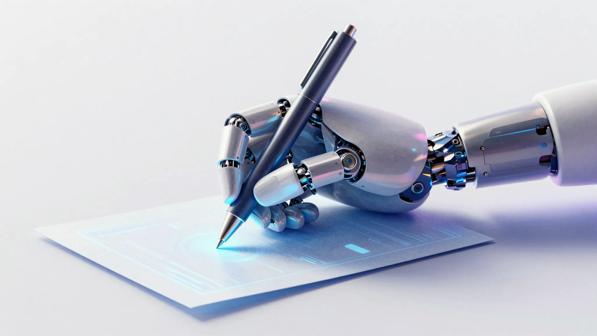 Watercolor style. A futuristic robot hand holding a glowing ...