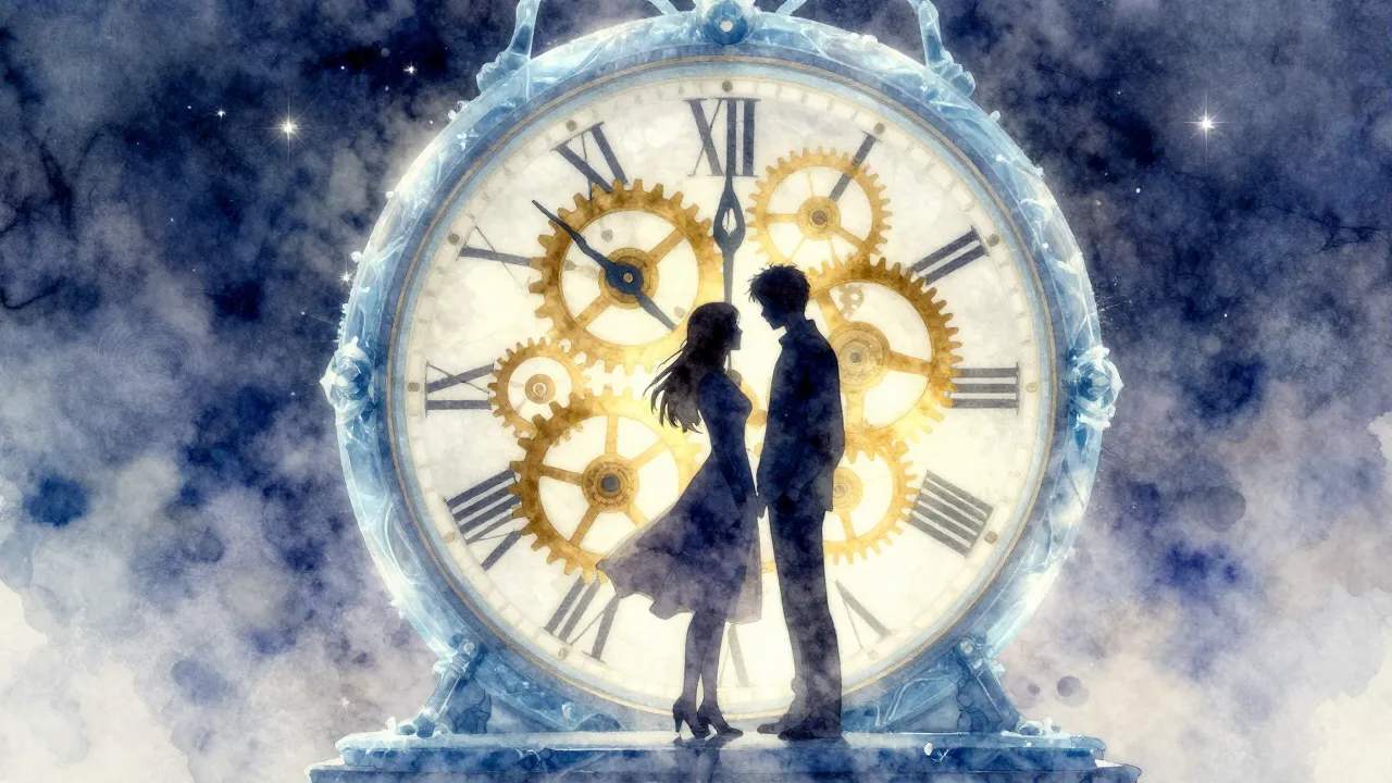 Watercolor style. A silhouette of two lovers standing inside...