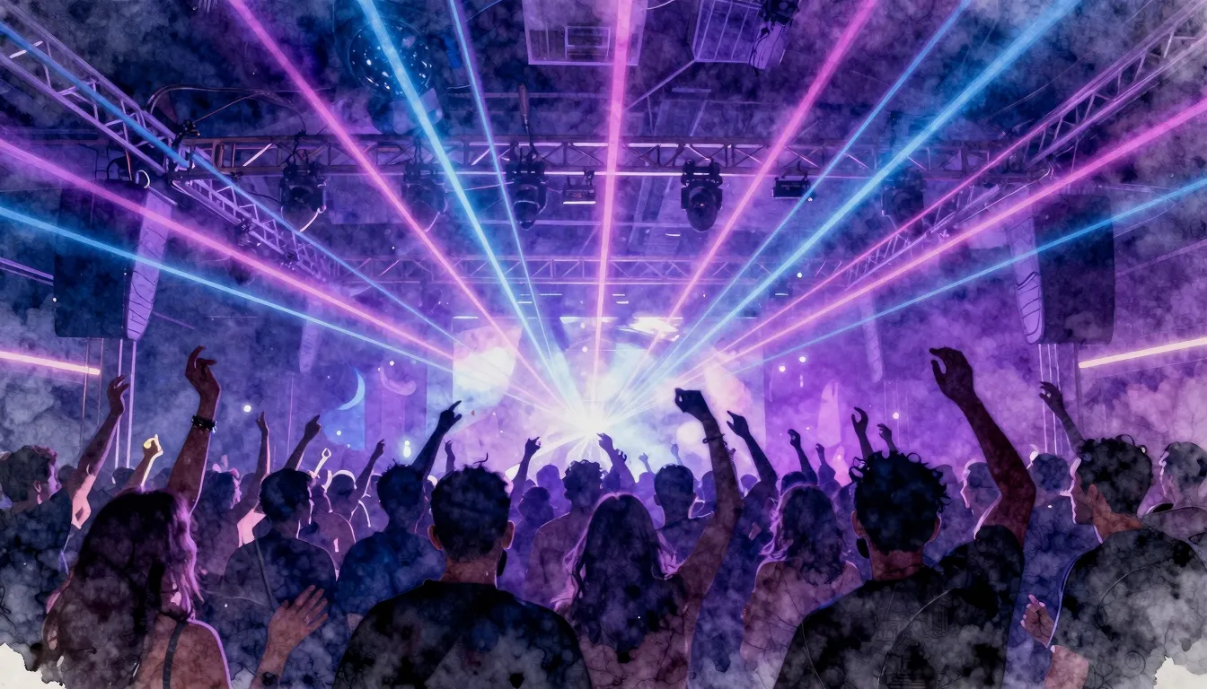 Watercolor style. Neon dance floor with bright laser beams, ...