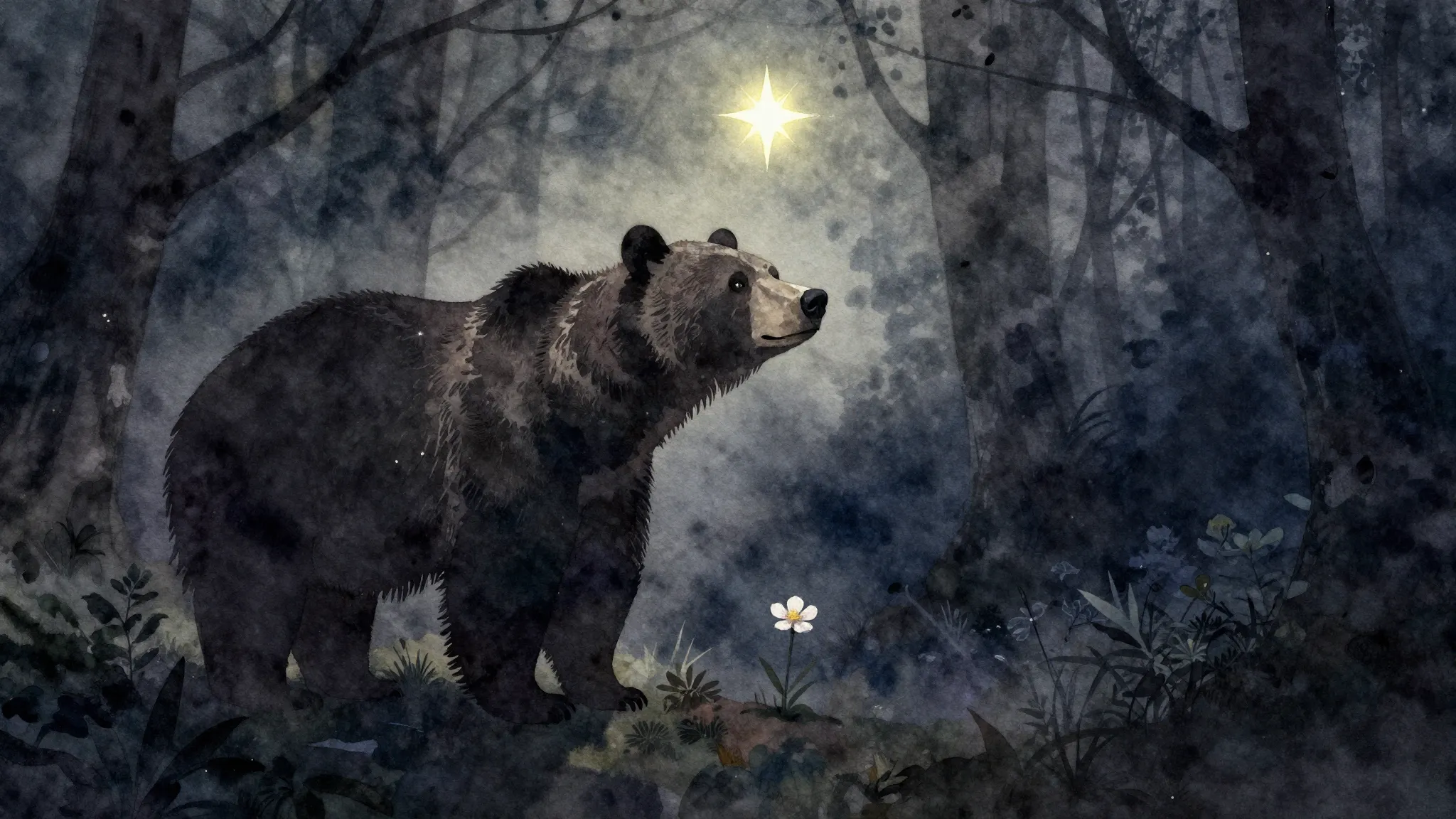 Watercolor style. Silhouette of a large bear and a small del...