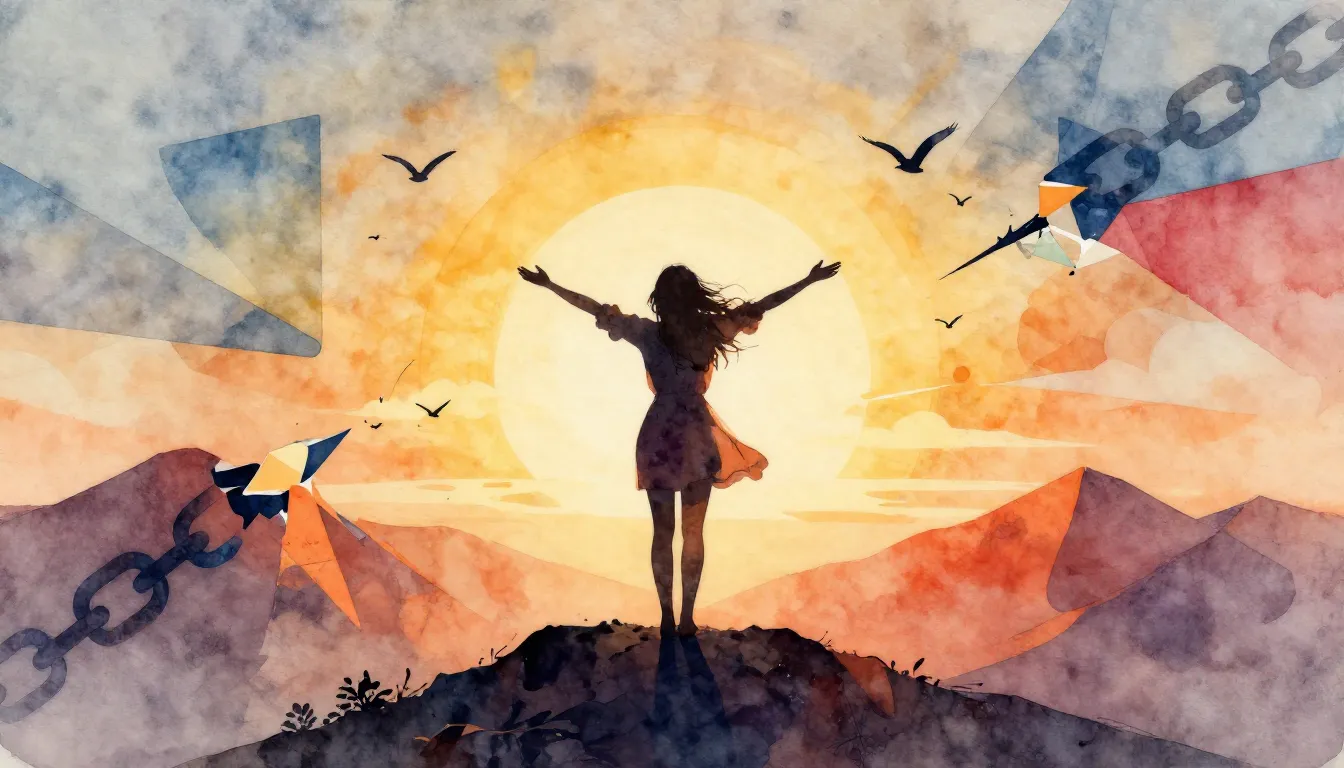 Watercolor style. Silhouette of a woman standing on a mounta...