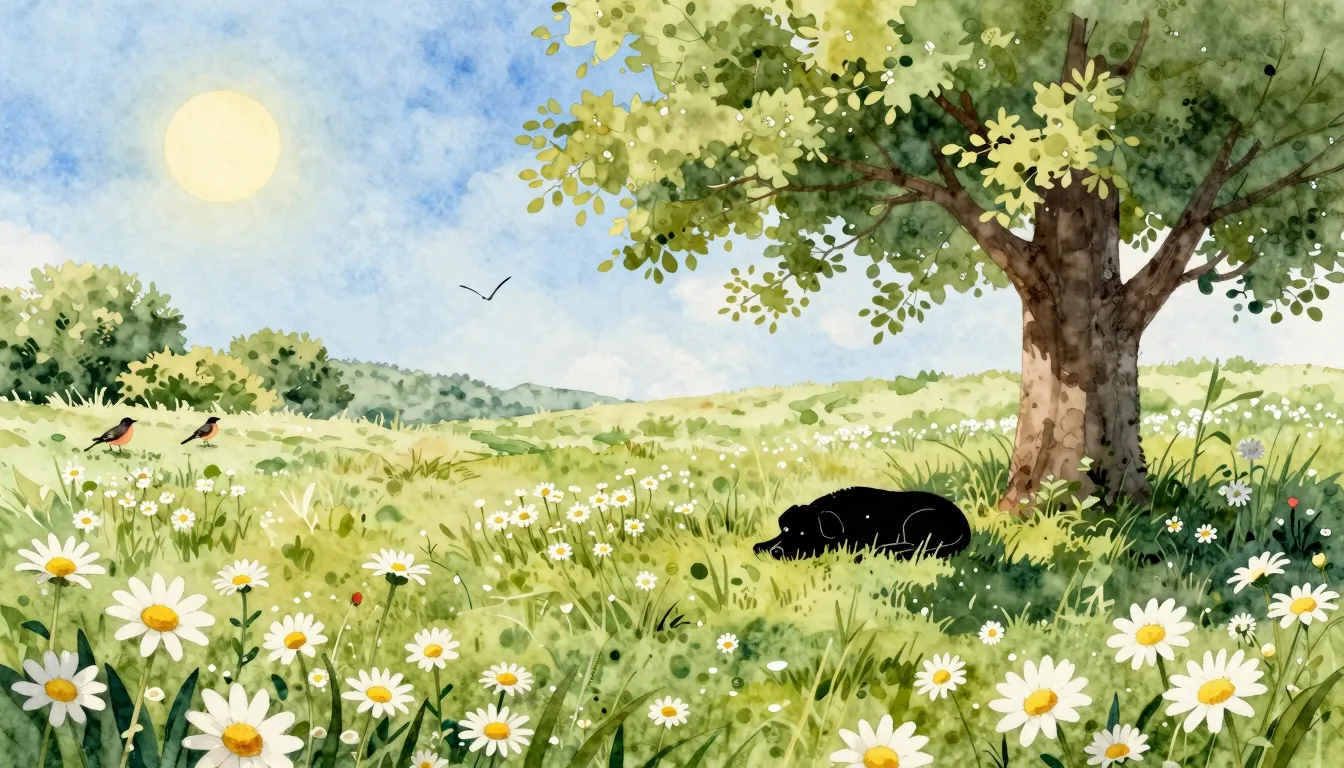 Watercolor style. A beautiful spring meadow with daisies in ...