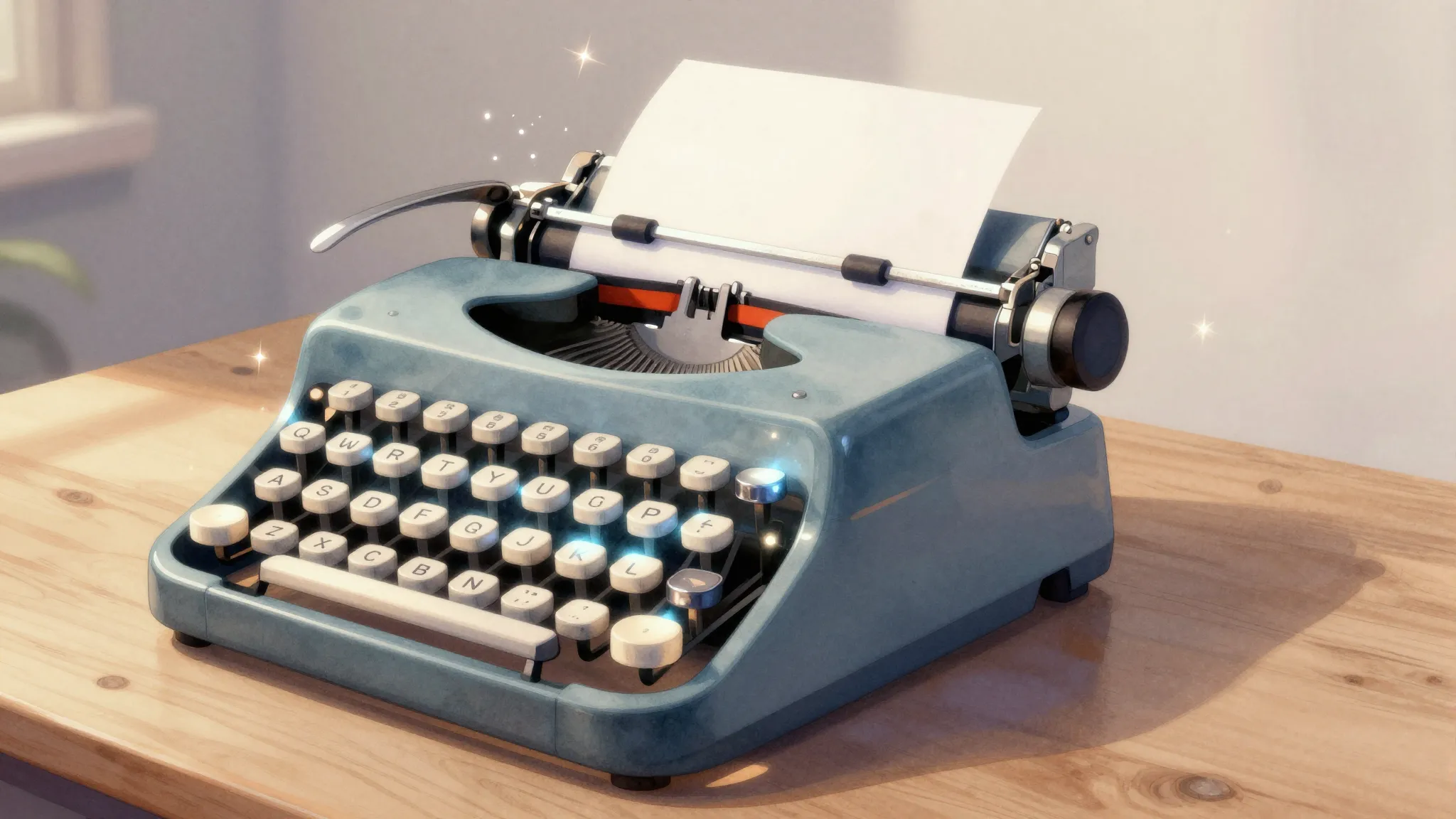 Watercolor style. A futuristic glowing typewriter on a woode...
