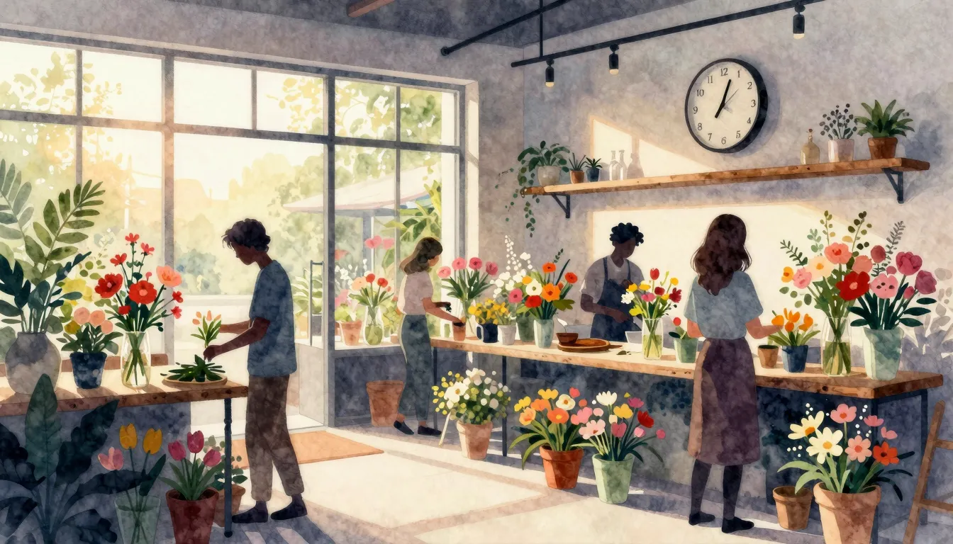 Watercolor style. A cozy flower shop interior at sunrise, si...