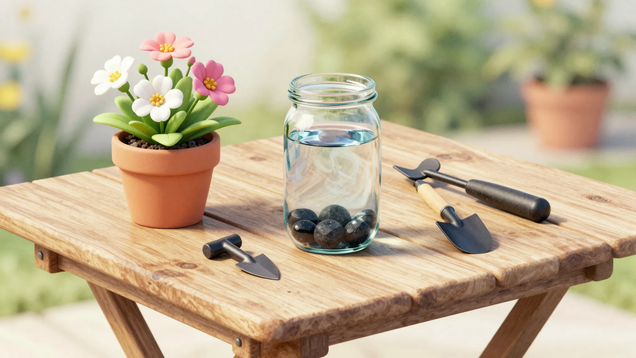 Watercolor style. A wooden garden table with a small pot of ...