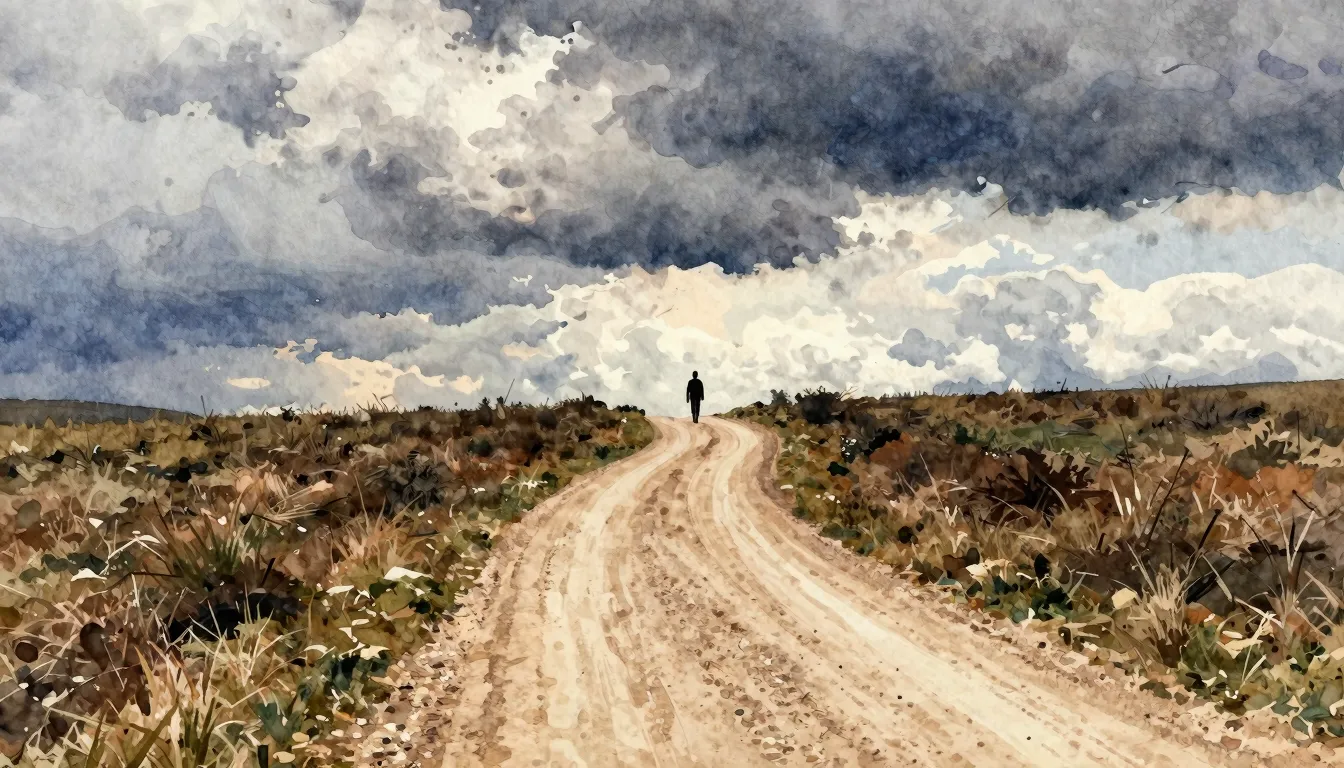 Watercolor style. A winding dirt road through a vast field u...