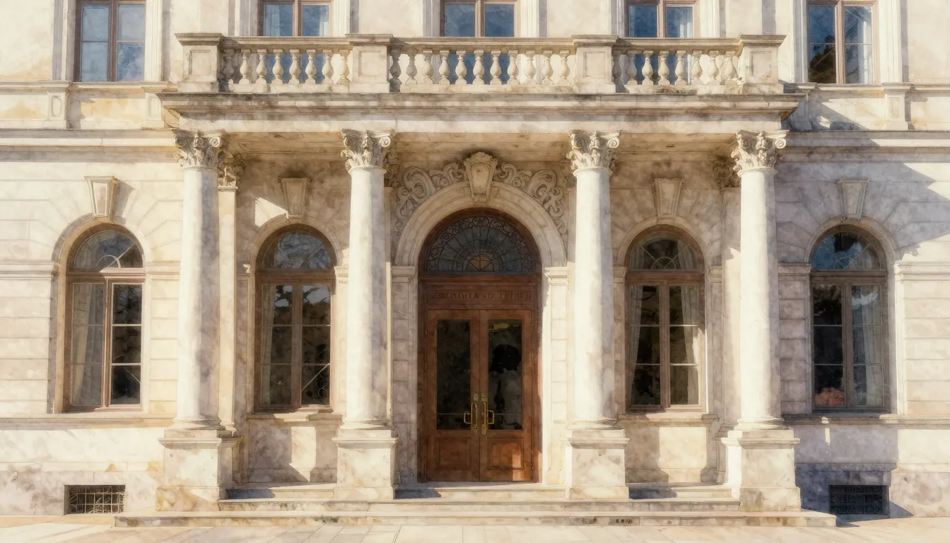 Watercolor style. A classical building facade with columns, ...