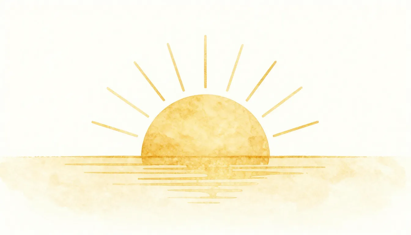Watercolor style. Minimalist golden sun rising over a calm h...