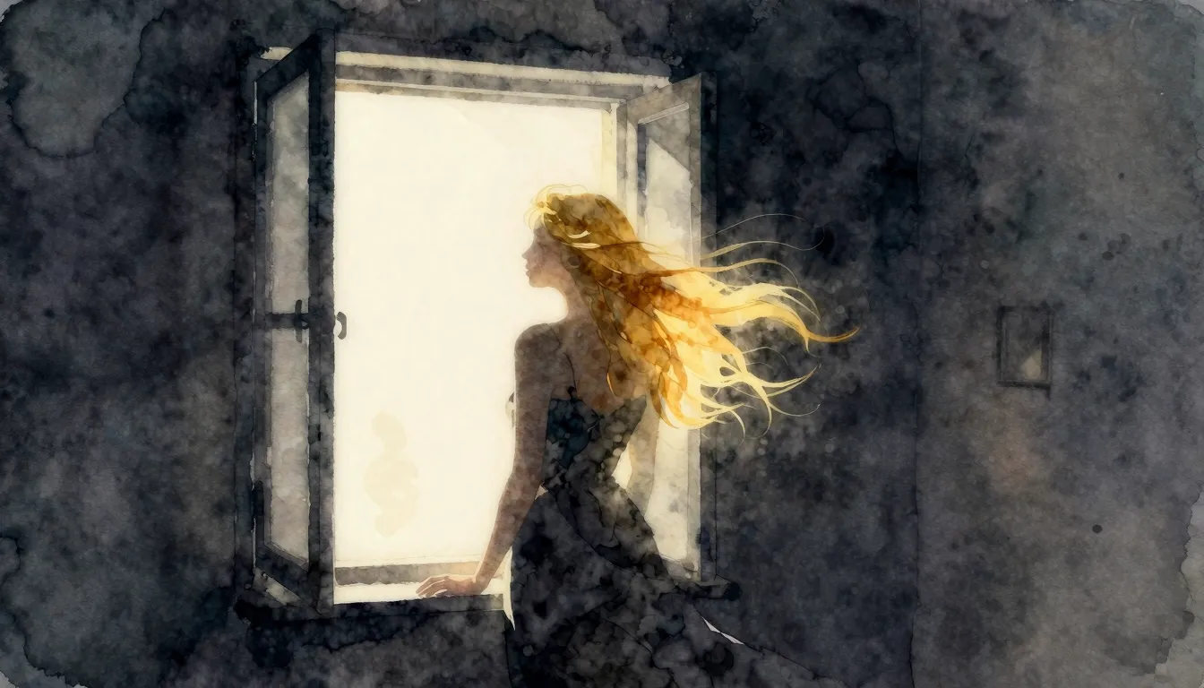Watercolor style. A dark room with a glowing silhouette of a...