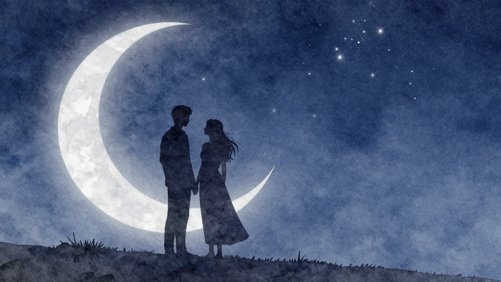 Watercolor style. Silhouette of a couple standing under a gi...