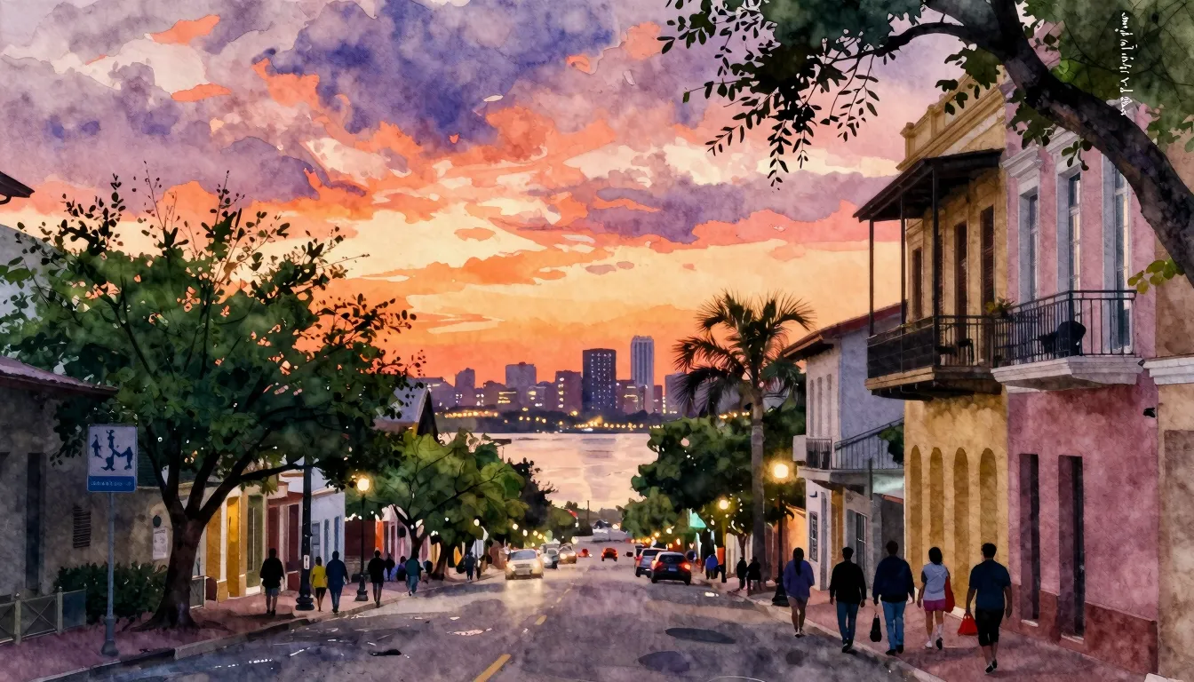 Watercolor style. A vibrant, sun-drenched southern city stre...