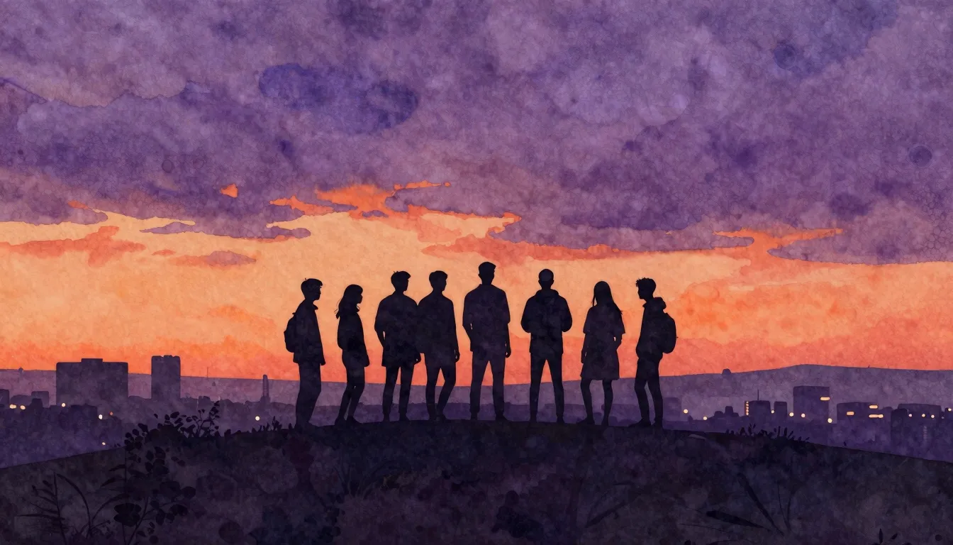 Watercolor style. A silhouette of seven friends standing on ...