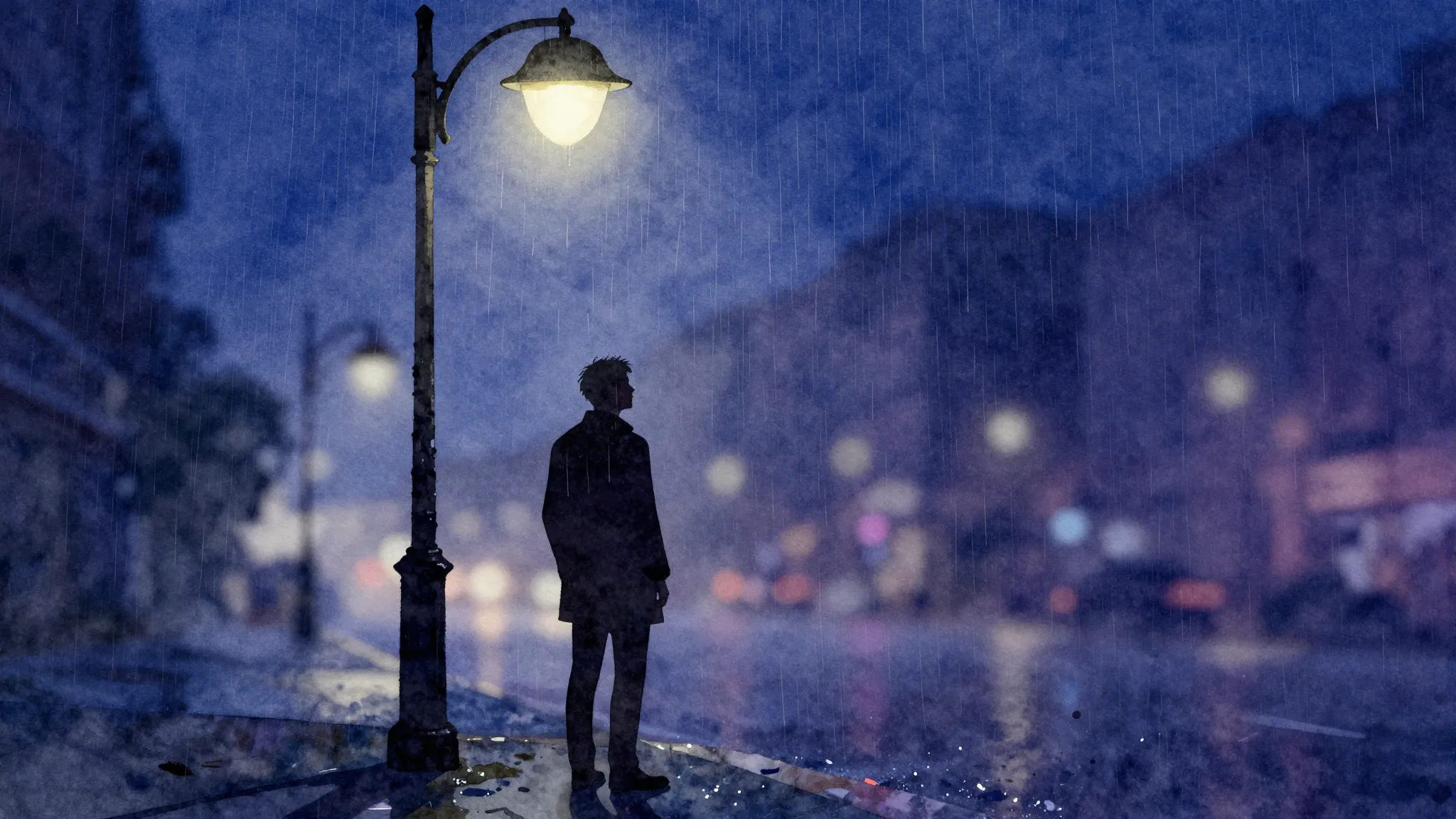 Watercolor style. Silhouette of a lonely man standing under ...