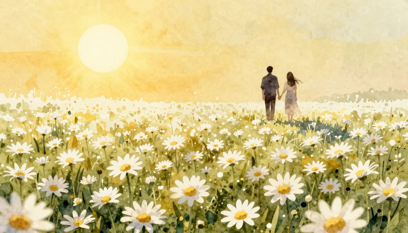 Watercolor style. A vast field of white daisies under a brig...