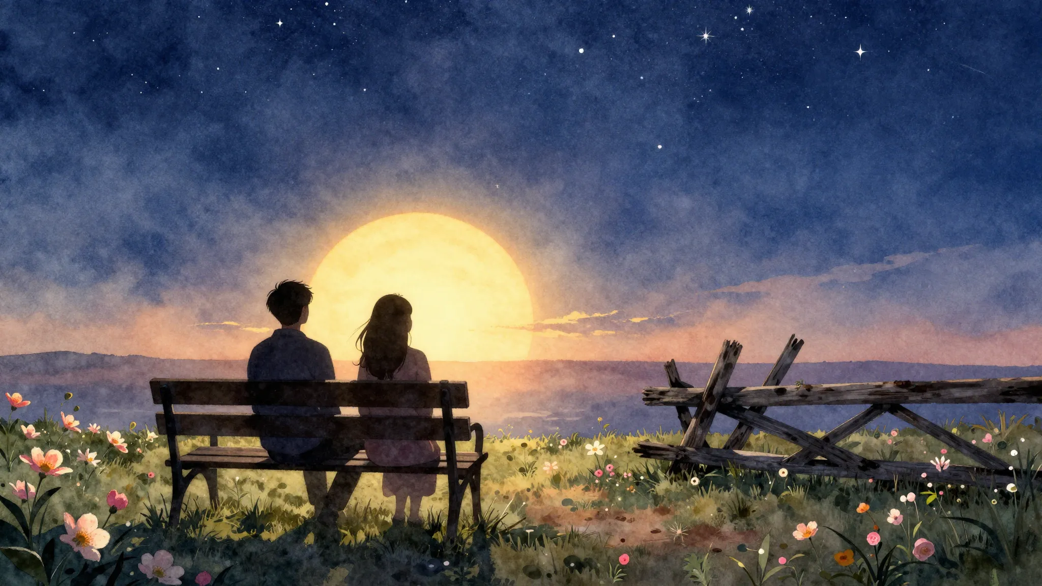 Watercolor style. Silhouette of 2 figures sitting on a bench...