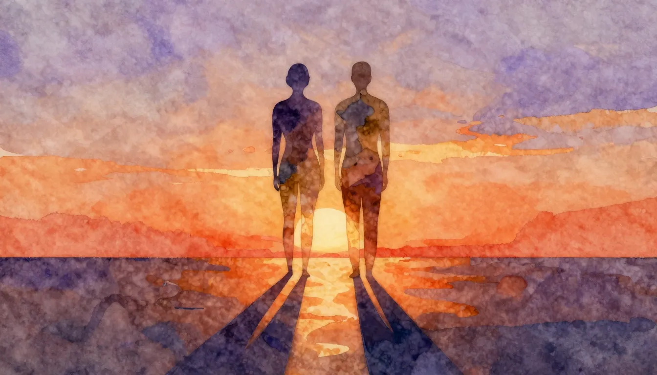 Watercolor style. Two abstract human silhouettes stand back ...