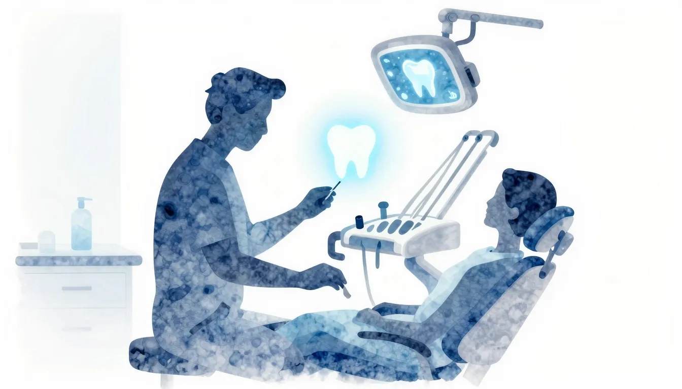 Watercolor style. Abstract silhouette of a dentist and a pat...