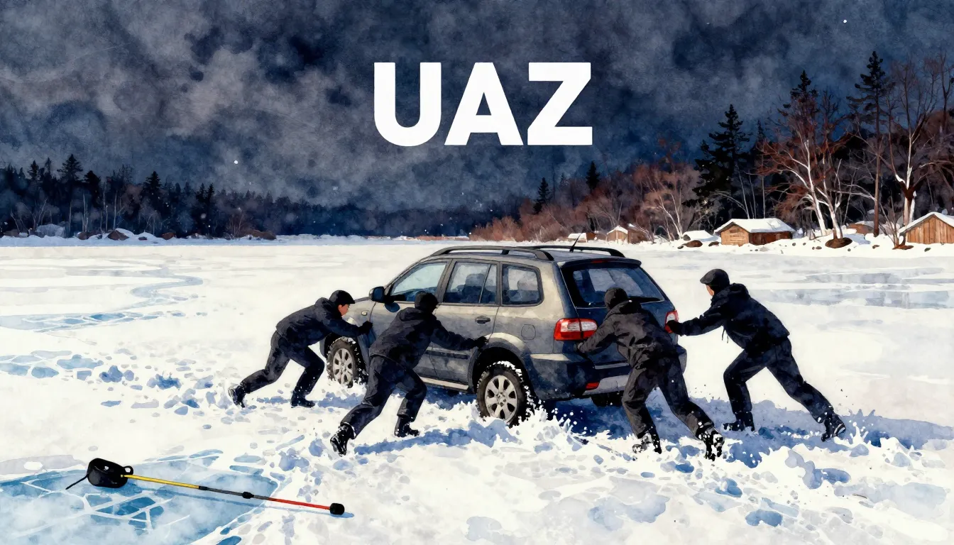 Vibrant watercolor style. Rap album cover: UAZ SUV stuck in ...