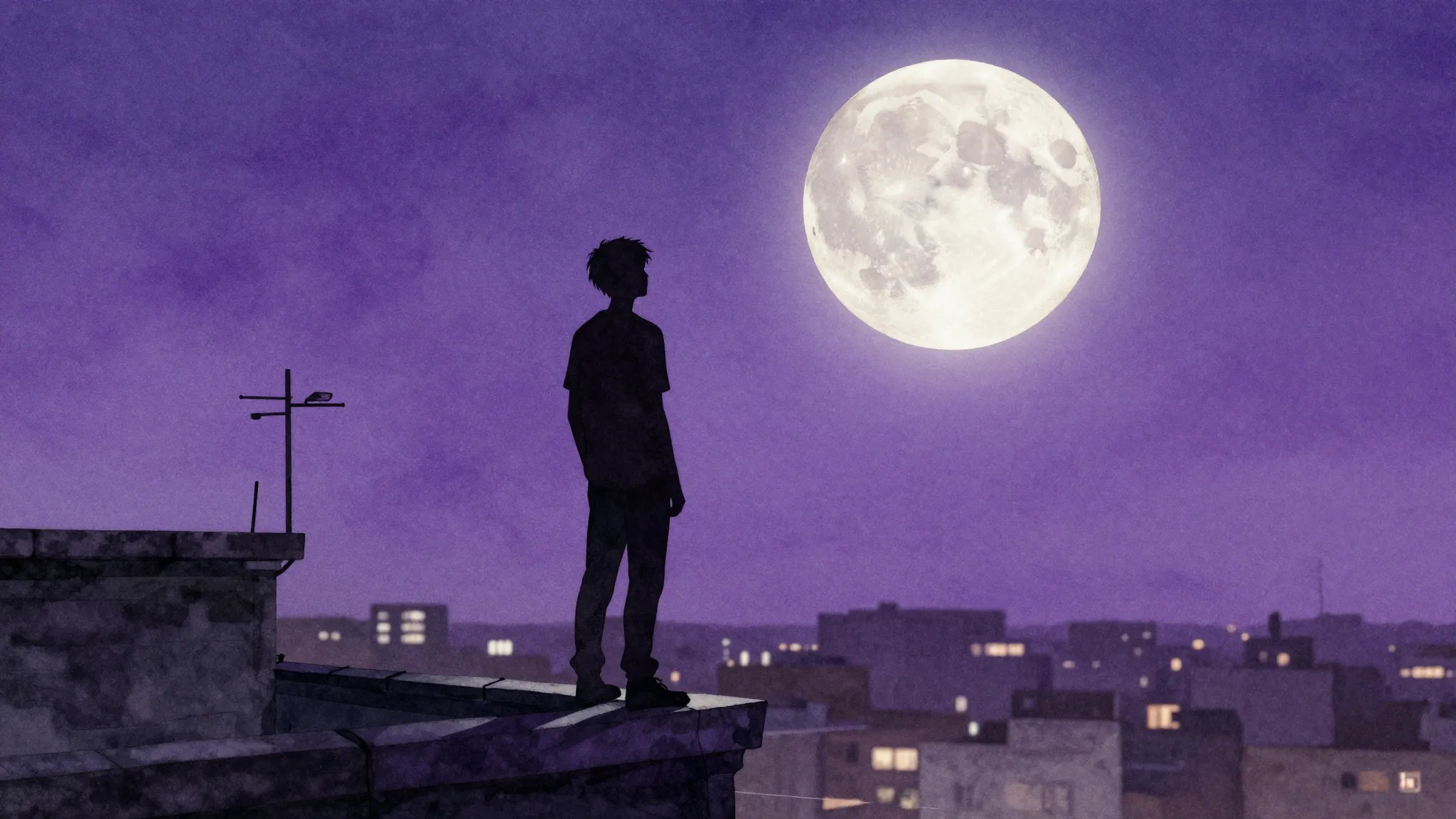 Watercolor style. Silhouette of a lonely dreamer standing on...