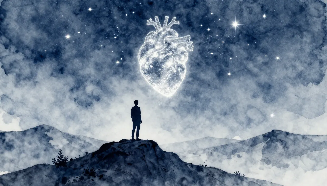 Watercolor style. A silhouette of a tall man standing on a m...