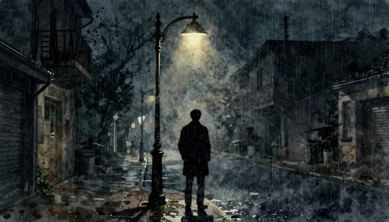 Watercolor style. A lonely silhouette of a man standing unde...