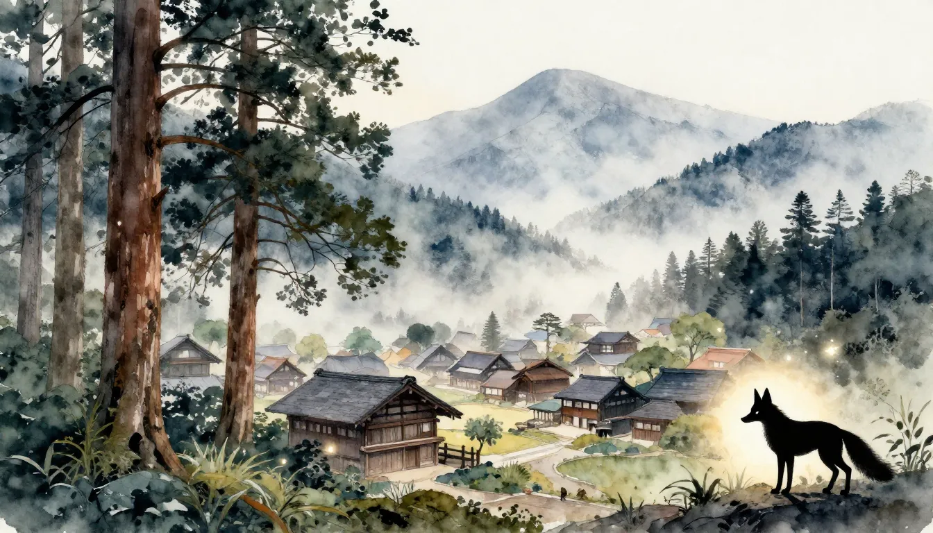 Watercolor style. Scenic view of a hidden mountain village i...