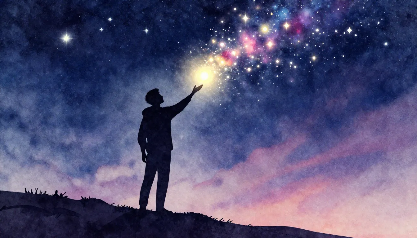 Watercolor style. A silhouette of a person standing on a hil...