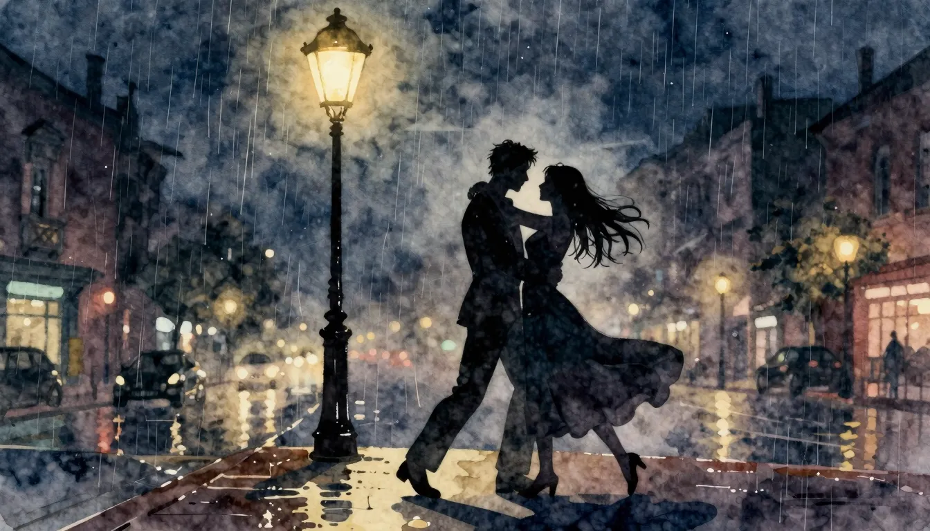 Watercolor style. Silhouette of a couple dancing under a str...