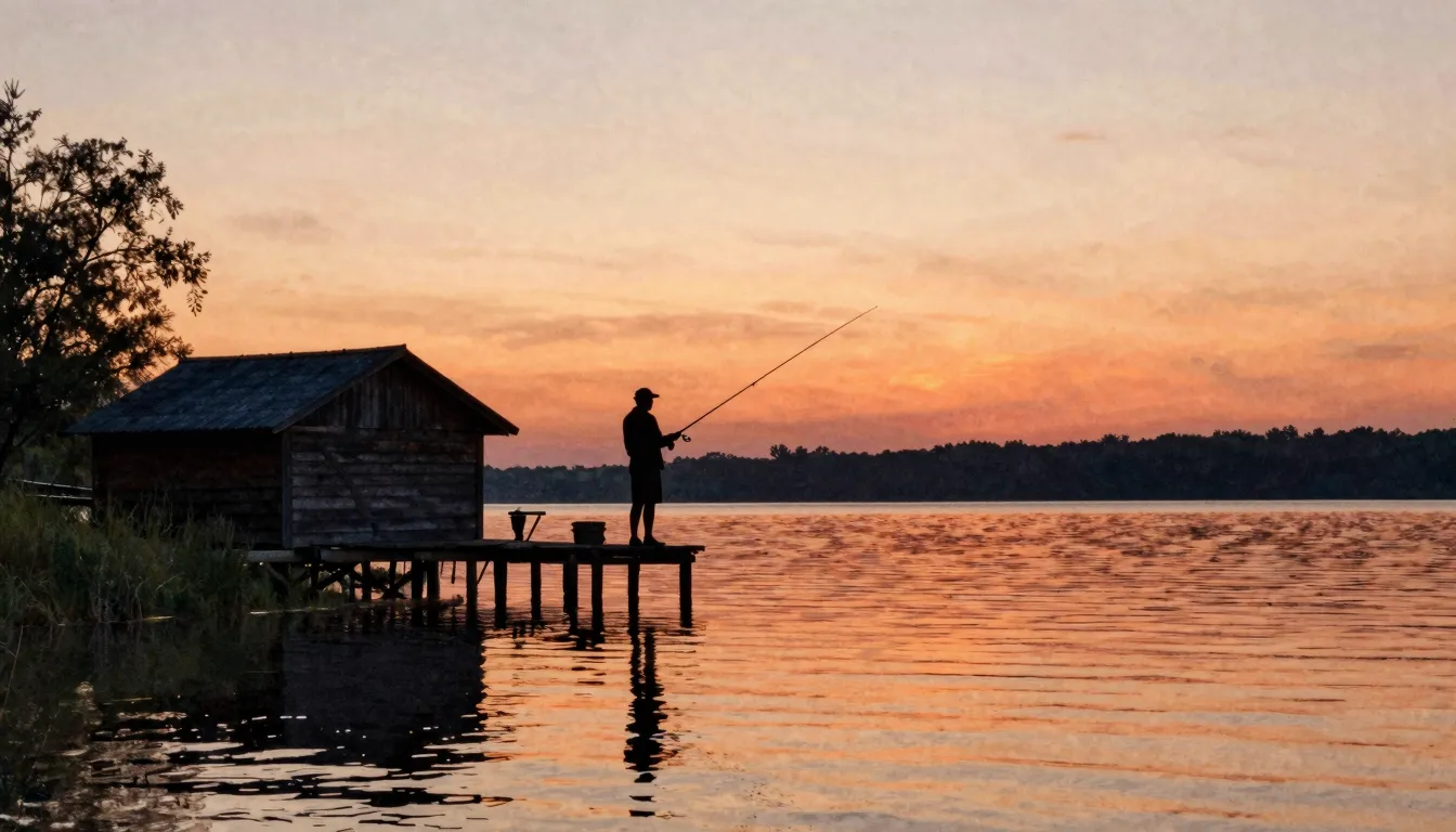 Watercolor style. A silhouette of a man fishing on a lake at...