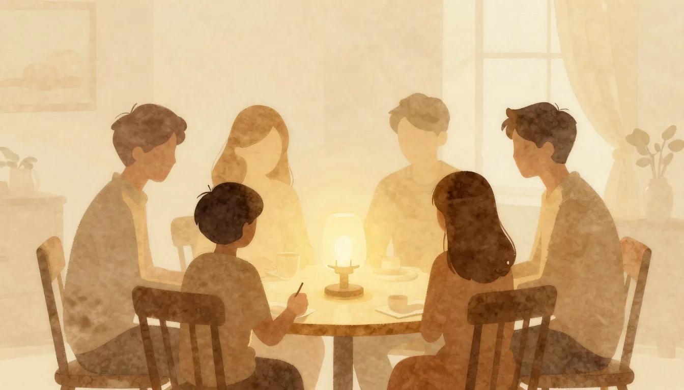 Watercolor style. A warm silhouette of four figures sitting ...