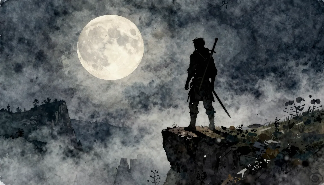Watercolor style. Silhouette of a lone wanderer with two swo...