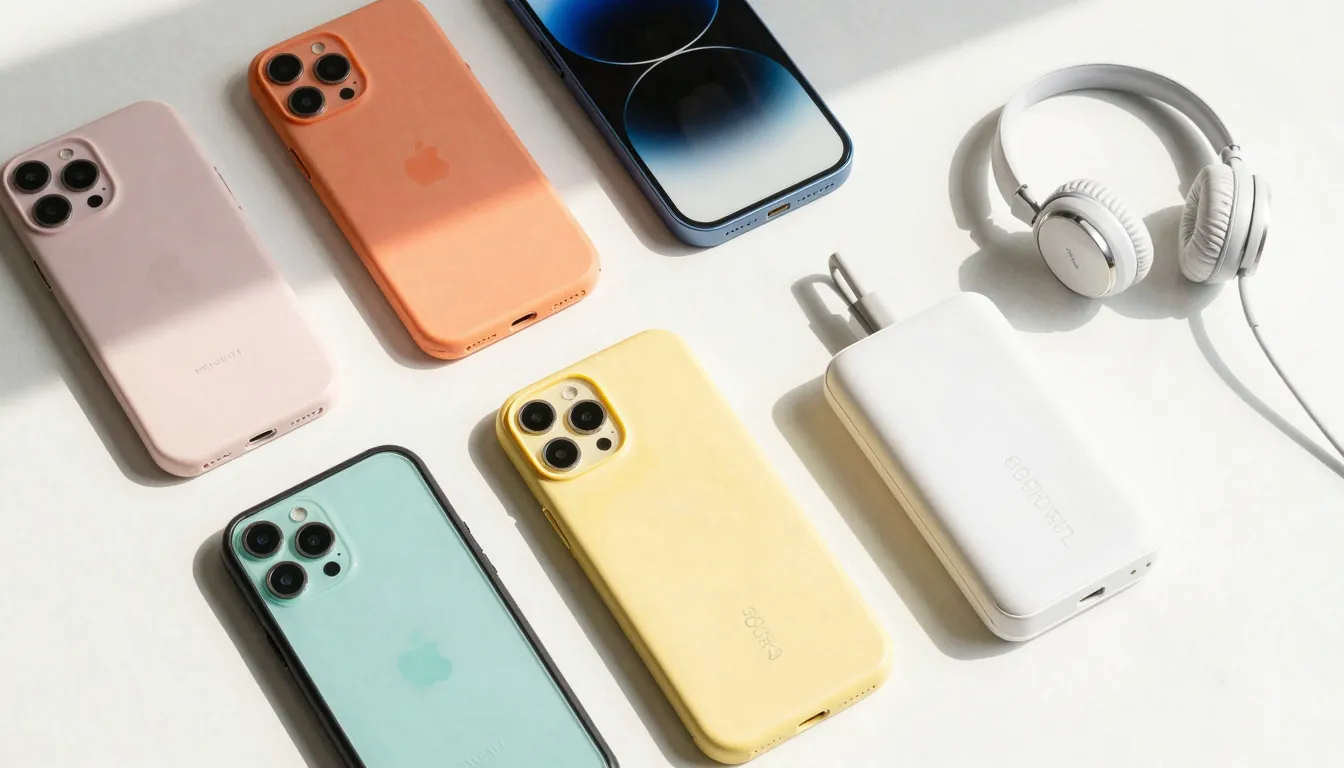 Watercolor style. A flat lay composition of colorful smartph...
