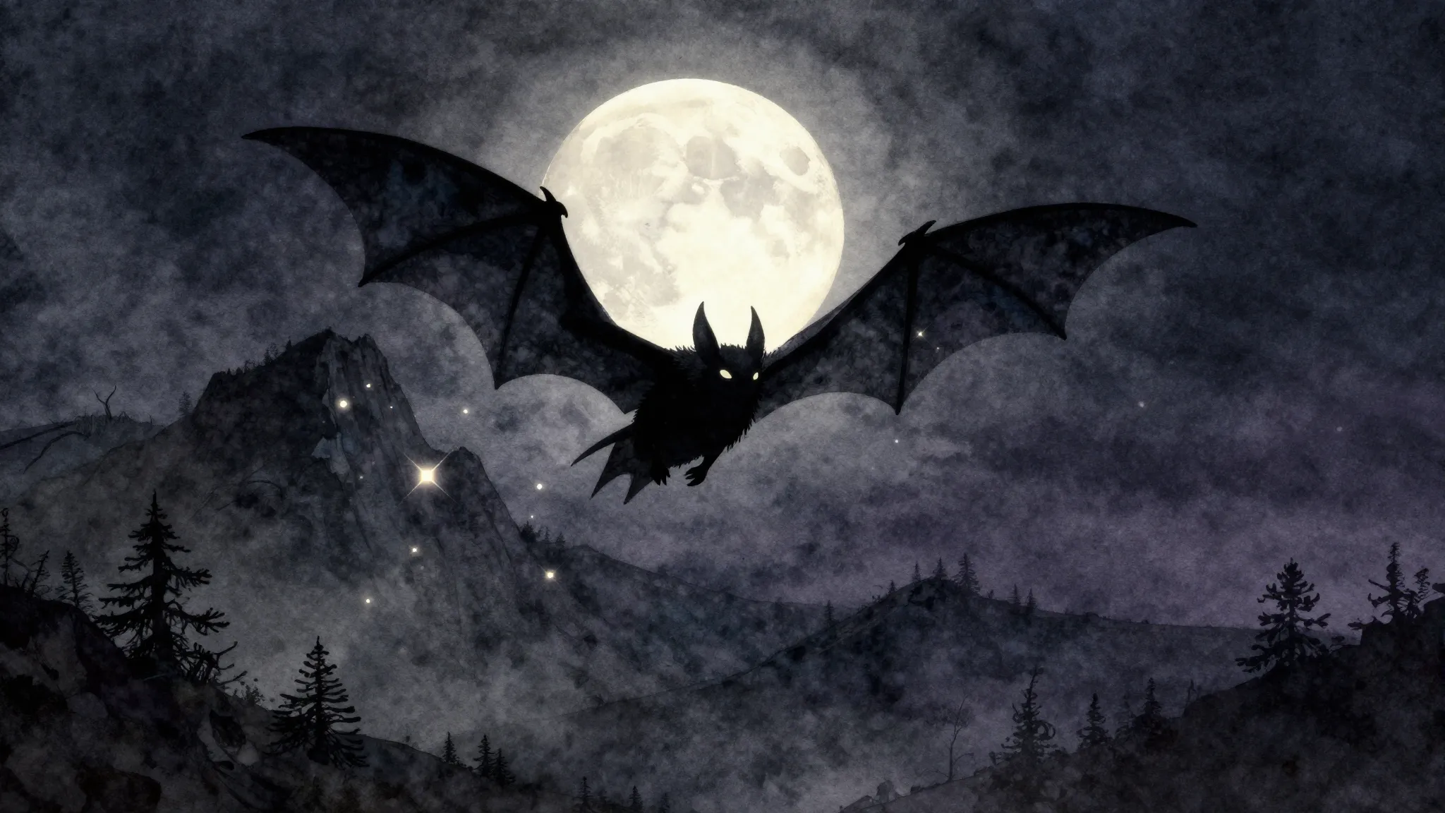 Watercolor style. Dark mystical night landscape, silhouette ...