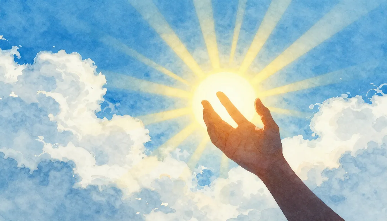 Watercolor style. A bright blue sky with fluffy white clouds...